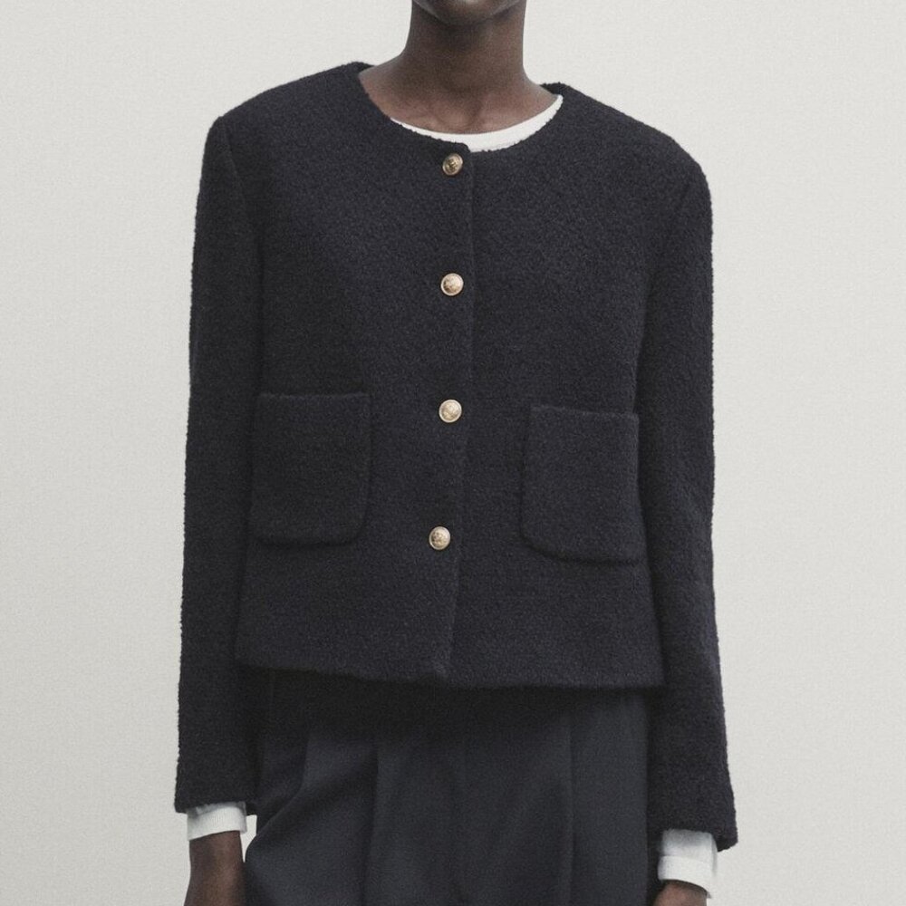 Massimo Dutti Cropped Wool Textured Jacket Blazer Navy